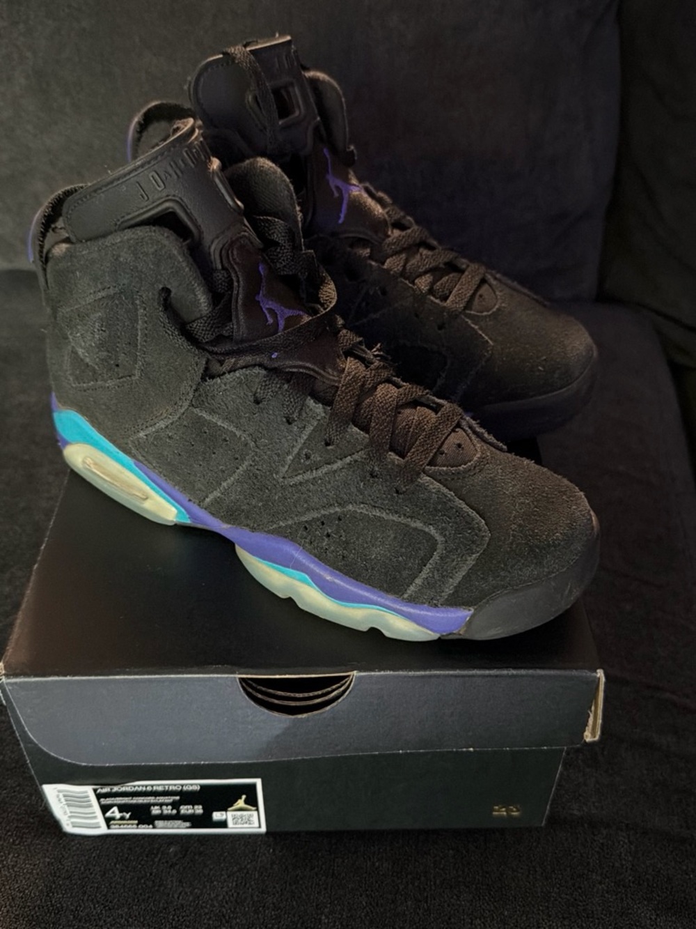 Jordan Kids Black Suede Sneakers with Purple & Teal Accents